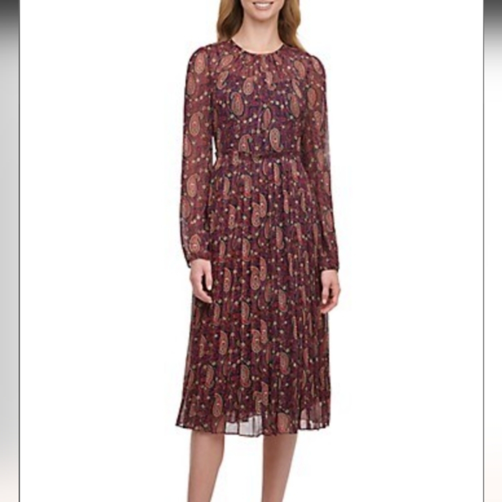 Tommy Hilfiger Long Sleeve Paisley Midi Dress Size 6 Navy/Red/Gold